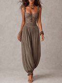 Nieves | Conjunto de bandeau de encaje gris y pantalones harem de algodón plisados