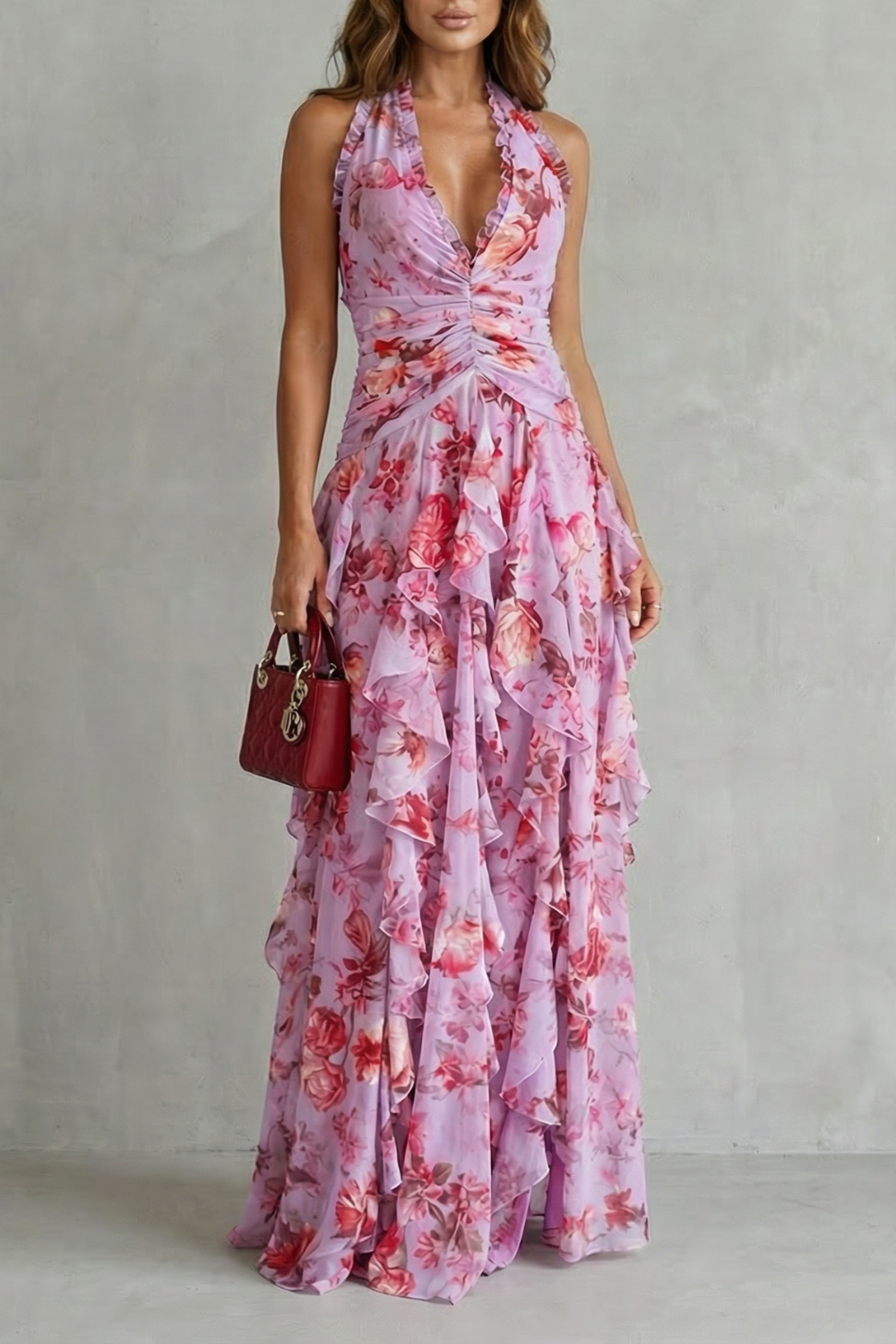 Belladina | Vestido Largo Romántico de Rosas con Cuello Halter