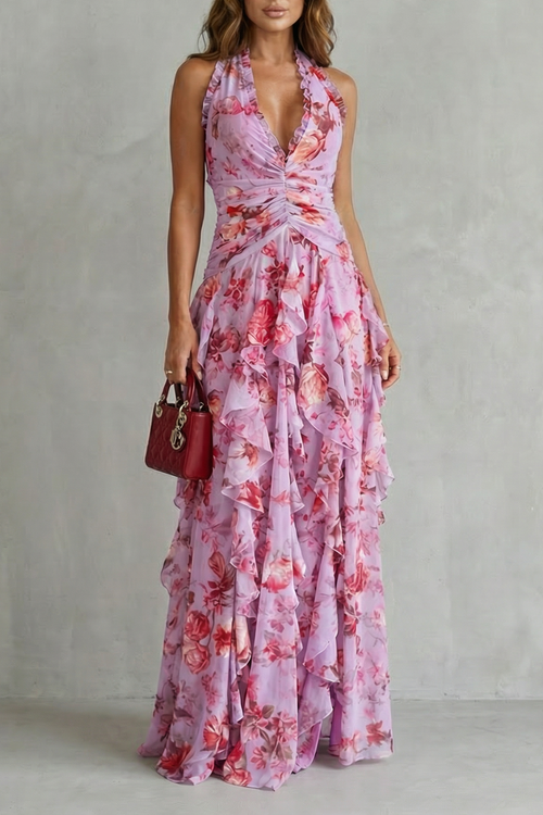 Belladina | Vestido Largo Romántico de Rosas con Cuello Halter