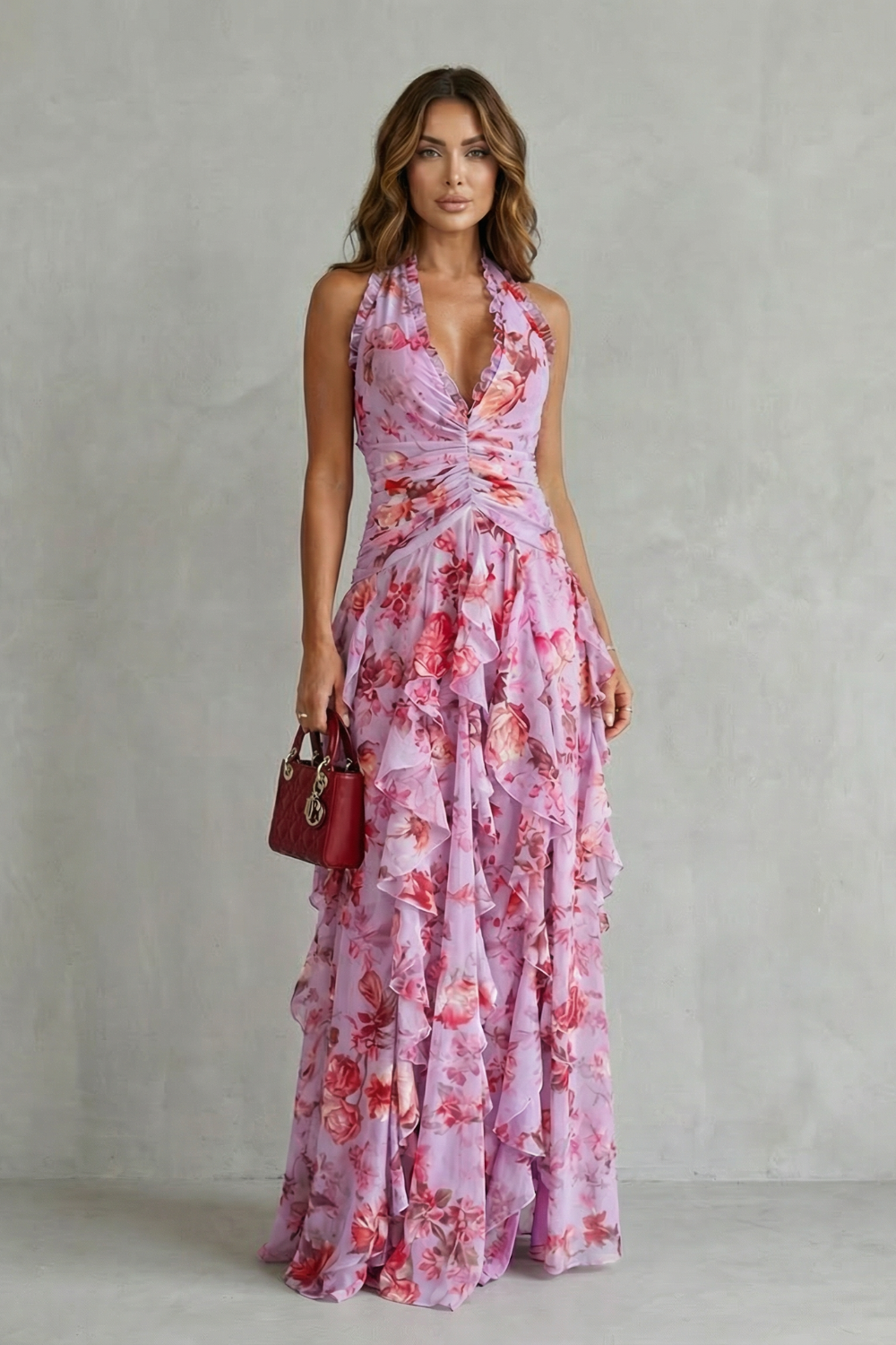 Belladina | Vestido Largo Romántico de Rosas con Cuello Halter