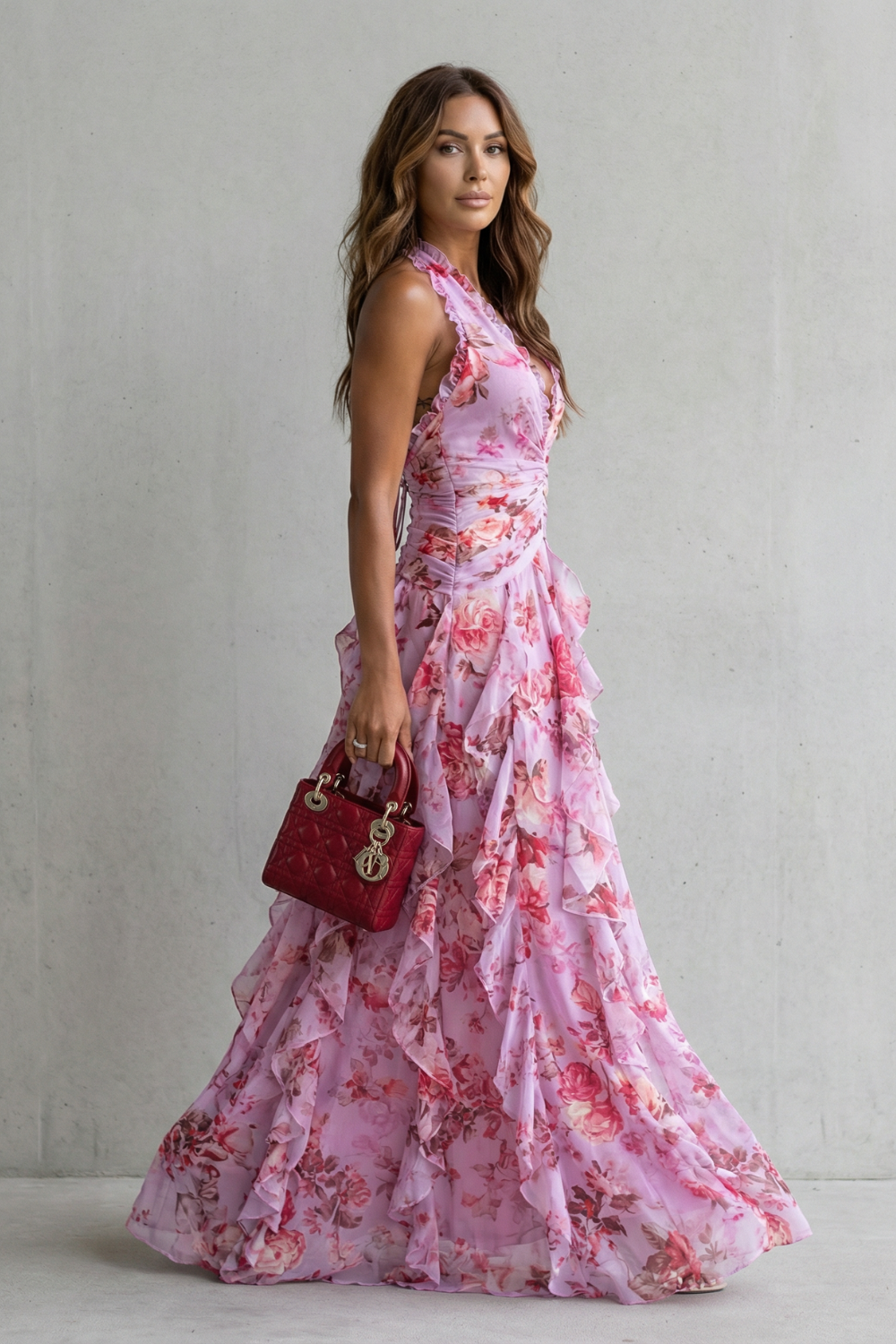 Belladina | Vestido Largo Romántico de Rosas con Cuello Halter