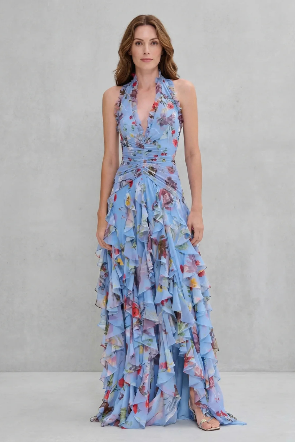 Belladina | Vestido Largo Romántico de Rosas con Cuello Halter
