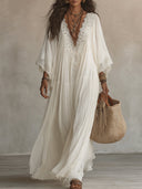 Indara • Vestido largo de blanco con escote en V
