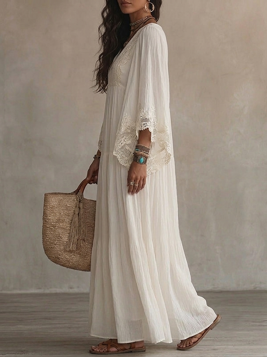 Indara | Vestido largo de blanco con escote en V