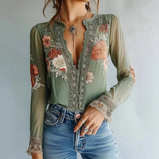 Boho Verde | Blusa Bordada Floral