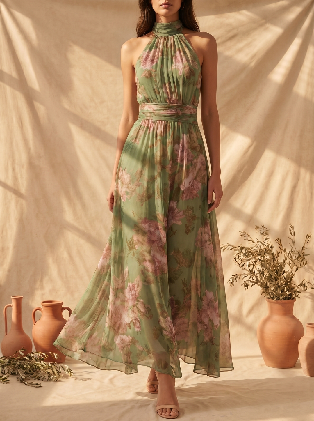 Livia | Elegante Vestido Largo Floral con Cuello Halter