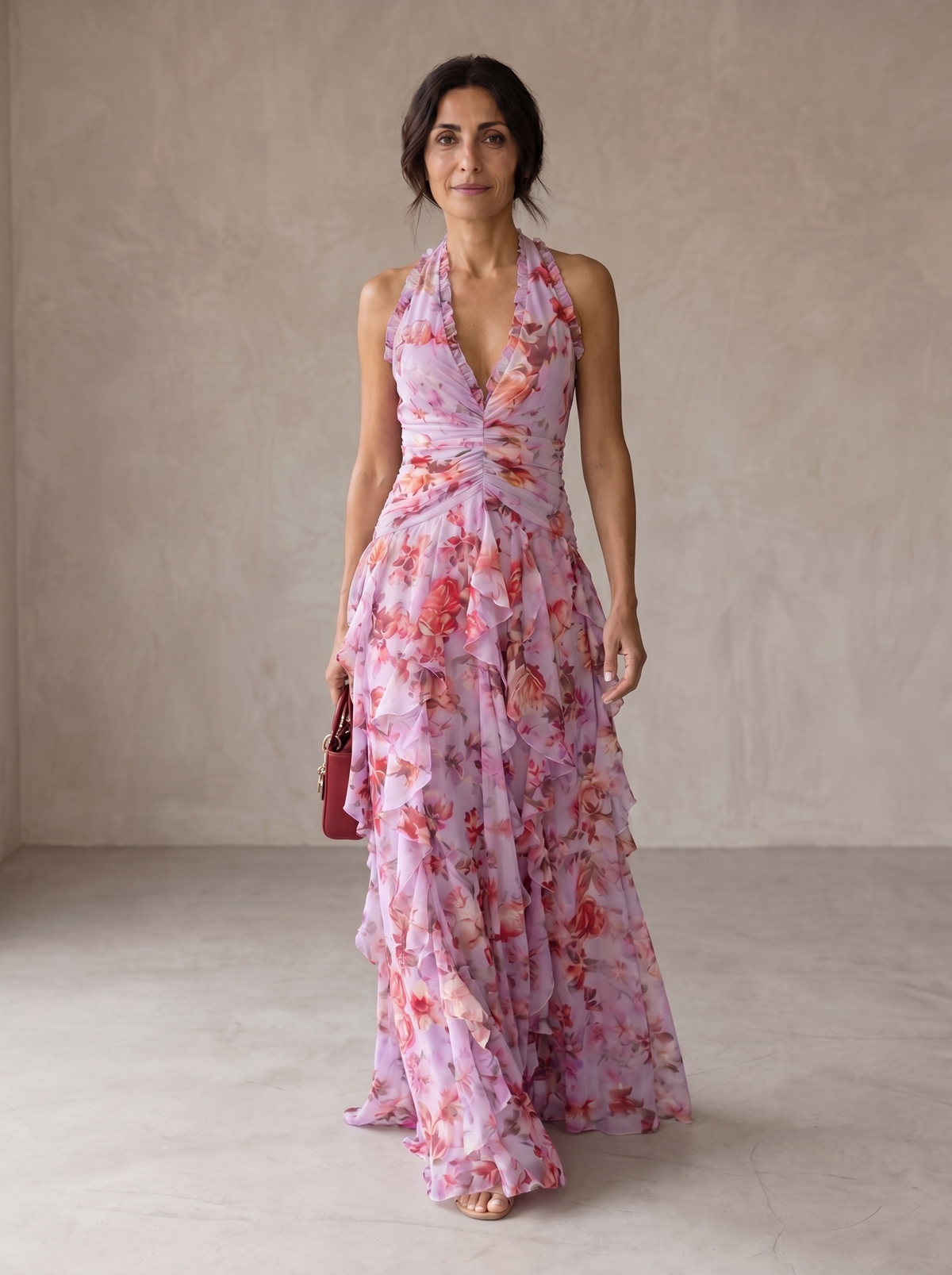 Belladina | Vestido Largo Romántico de Rosas con Cuello Halter