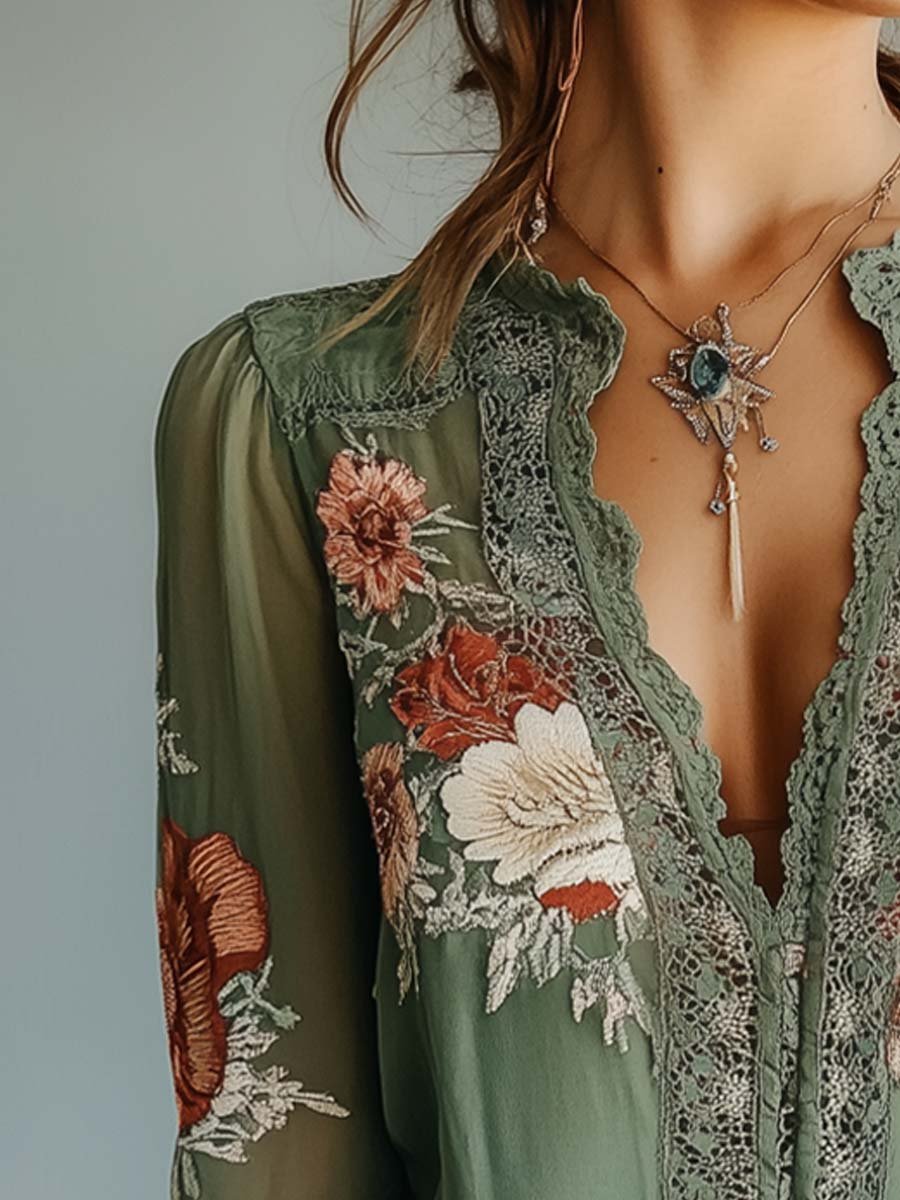 Boho Verde | Blusa Bordada Floral