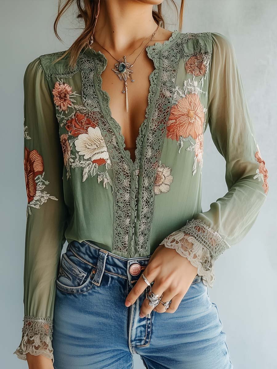 Boho Verde | Blusa Bordada Floral