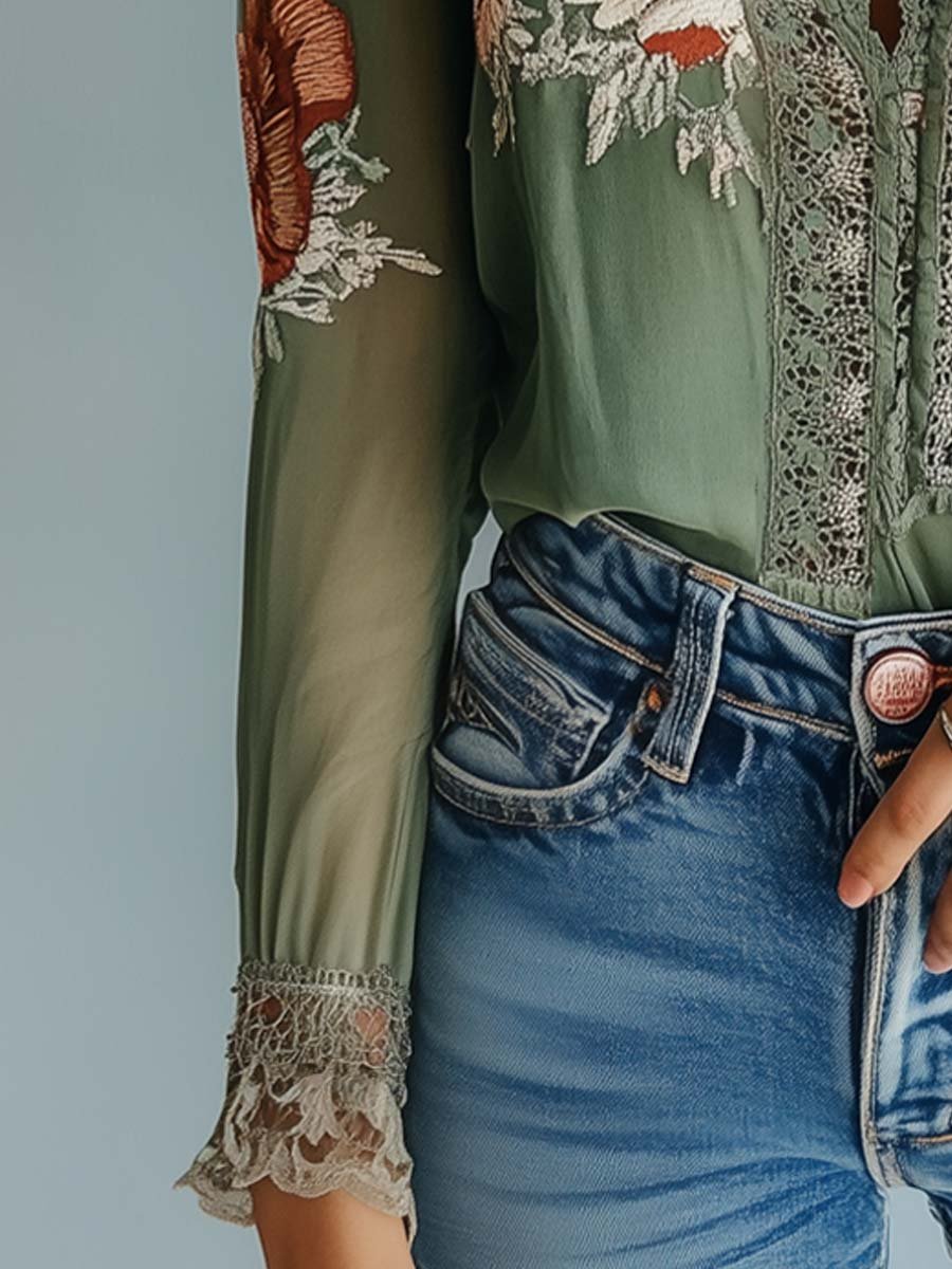 Boho Verde | Blusa Bordada Floral